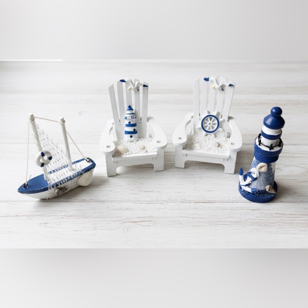 4pc Nautical Decor Set - Mini Sailboat, Adirondack Chairs & Lighthouse